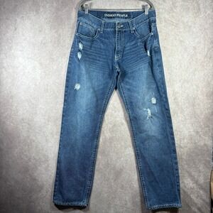 Indigo People Jeans Mens Size 34X34 Blue Dark Wash Denim Distressed Straight